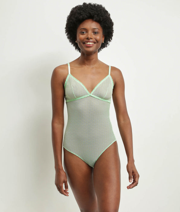 DIM Body donna in tulle trasparente verde con pois in lurex Dim Shiny Mesh