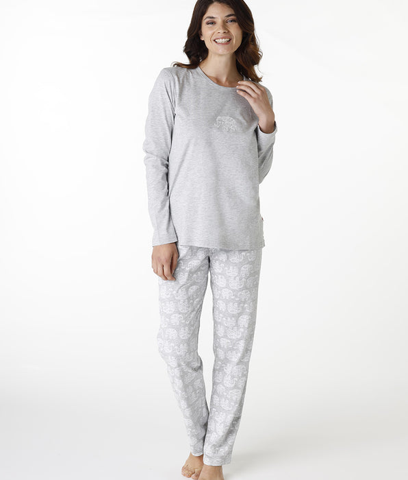 DIM Pigiama lungo donna in jersey screziato grigio con collo tondo