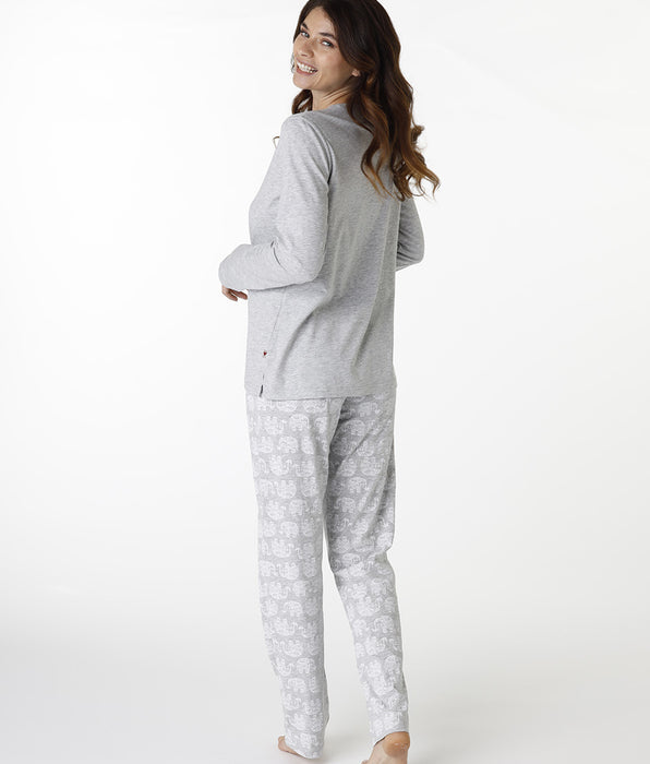 DIM Pigiama lungo donna in jersey screziato grigio con collo tondo