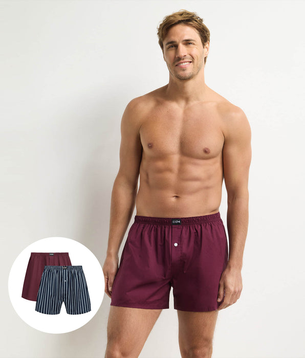 DIM Pacco da 2 boxer larghi da uomo in cotone elasticizzato a righe blu e rosse.
