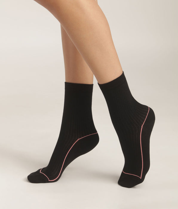 DIM Calze donna in cotone a coste Nero con profili colorati Mod di Dim
