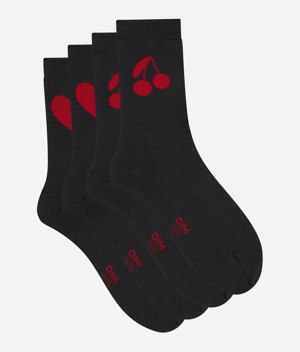 DIM Pacco da 2 calze da donna grigio scuro con cuore e ciliegia Dim Bamboo