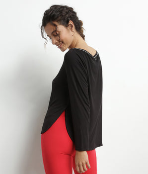 Women's sports top with boat neck in black viscose Dim Move