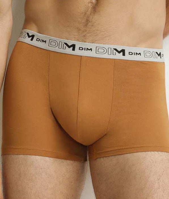 DIM Pacco da 3 boxer da uomo in cotone biologico elasticizzato color cachi ocra blu.