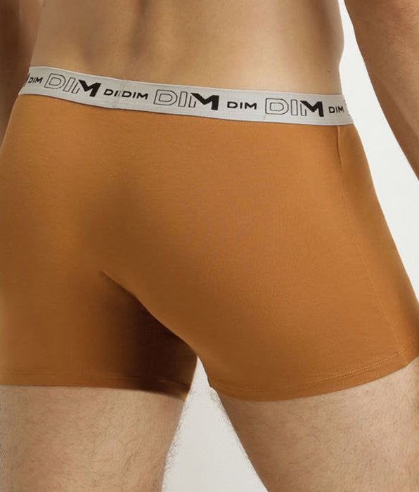 DIM Pacco da 3 boxer da uomo in cotone biologico elasticizzato color cachi ocra blu.
