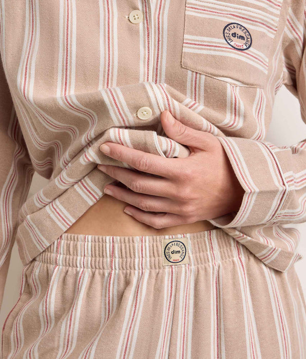 DIM Set pigiama donna in flanella a righe marrone e beige DIM x Ines de la Fressange