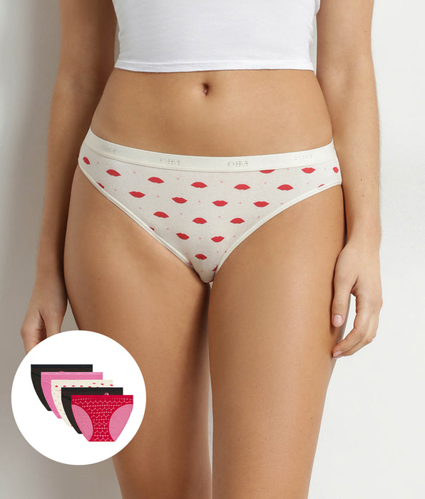 DIM Pacco da 5 slip da donna in cotone elasticizzato con motivo a cuori Les Pockets