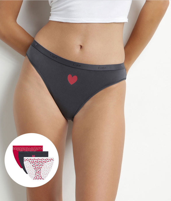 DIM Les Pockets - Pacco da 3 slip donna in cotone elasticizzato rosso con stampa a cuore