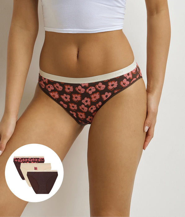 DIM Pacco da 3 slip da donna Les Pockets con motivi bohémien in rosa e marrone.