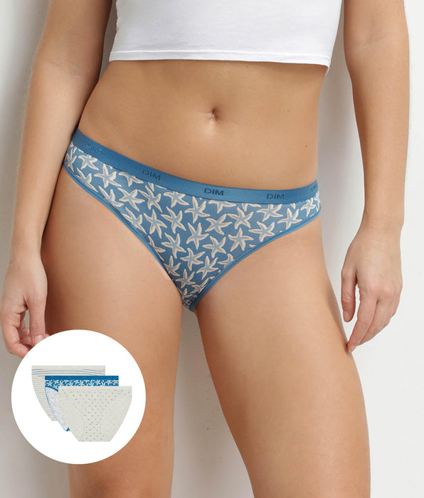 DIM Pacco da 3 slip da donna in cotone elasticizzato con motivo marino Les Pockets