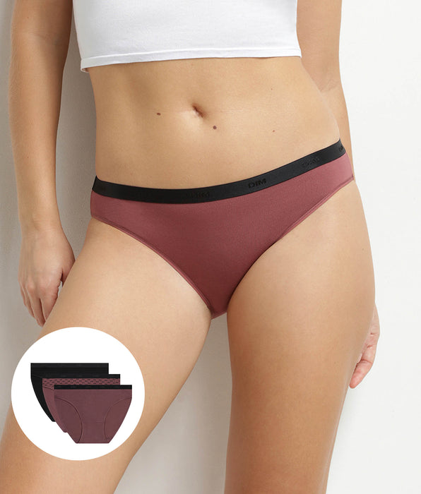 DIM Pacco da 3 slip da donna in cotone elasticizzato Nero Prugna Les Pockets