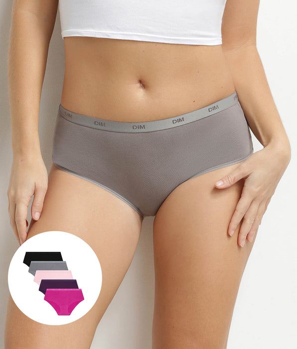 DIM Pacco da 5 boxer da donna in cotone elasticizzato con messaggio Les Pockets