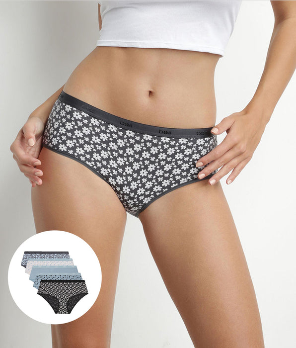 DIM Pacco da 5 shorty da donna in cotone elasticizzato blu grigio floreale Les Pockets