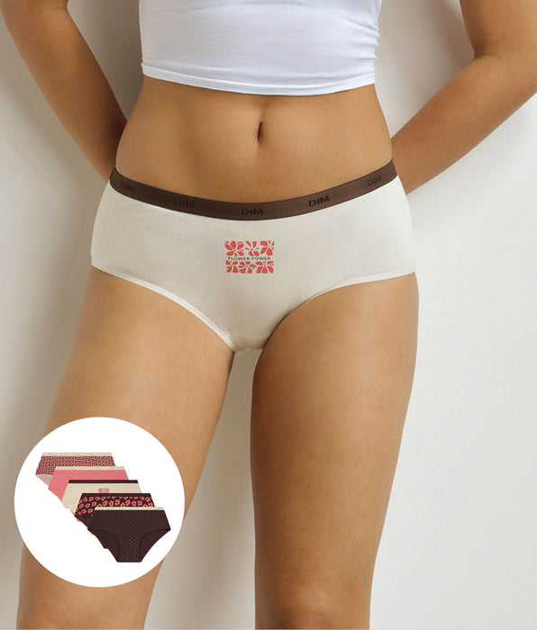 DIM Pacco da 5 boxer da donna con motivo retrò rosa e marrone di Les Pockets.