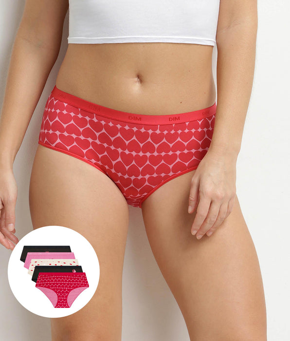 DIM Pacco da 5 boxer da donna in cotone elasticizzato con motivo a cuori Les Pockets