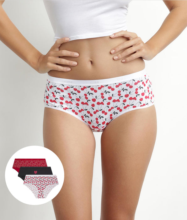 DIM Pacco da 3 donne in cotone elasticizzato rosso con cuore, shorty Les Pockets