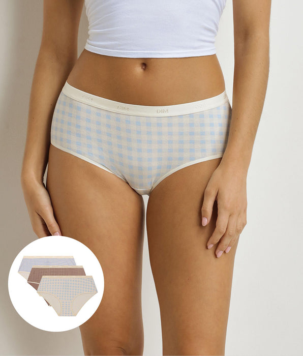 DIM Pacco da 3 boxer da donna Les Pockets in fantasia gingham Blu Beige.