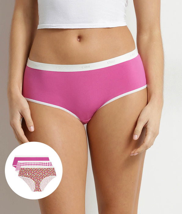DIM Pacco da 3 boxer da donna in cotone elasticizzato con motivo vichy Les Pockets