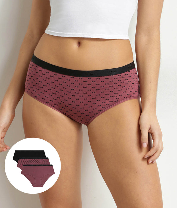 DIM Pacco da 3 boxer da donna in cotone elasticizzato Nero Prugna Les Pockets
