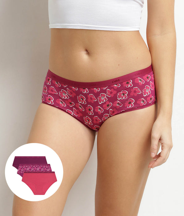DIM Pacco da 3 boxer da donna in cotone elasticizzato Fleurs Rubis Les Pockets