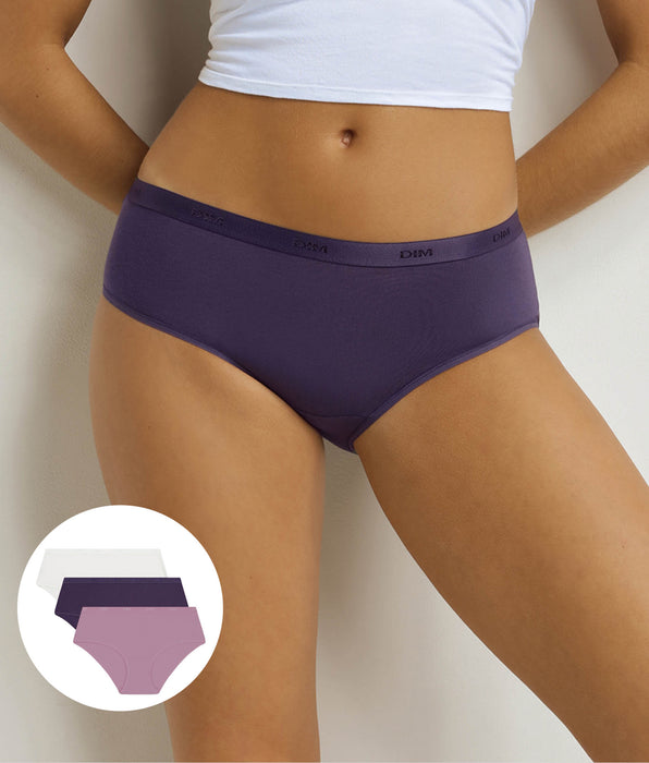 DIM Pacco da 3 boxer da donna Viola, Bianco Les Pockets Ecodim