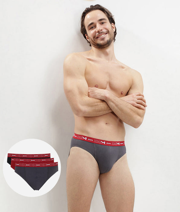 DIM Slip da uomo grigio, rosso peperoncino e nero in cotone elasticizzato Pacco da 3 pezzi