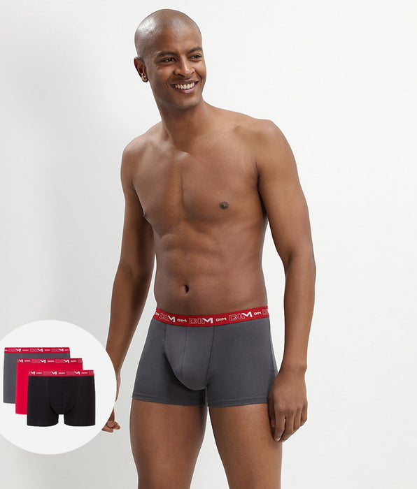 DIM Pacco da 3 boxer in cotone elasticizzato grigio, rosso peperoncino e nero