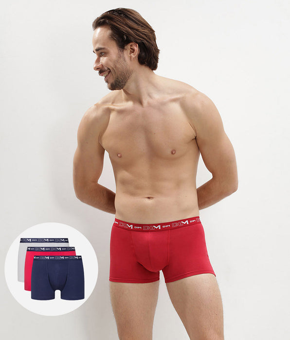 DIM Pacco da 3 boxer da uomo blu denim con fascia in vita rosso topazio acciaio in cotone elasticizzato