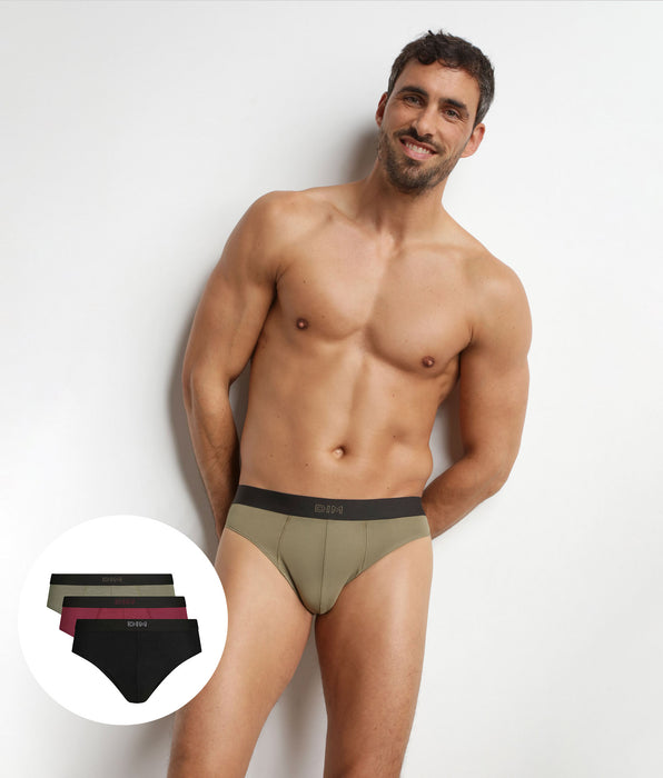 DIM Pacco da 3 slip da uomo in cotone Nero Kaki Rosso Puro Comfort