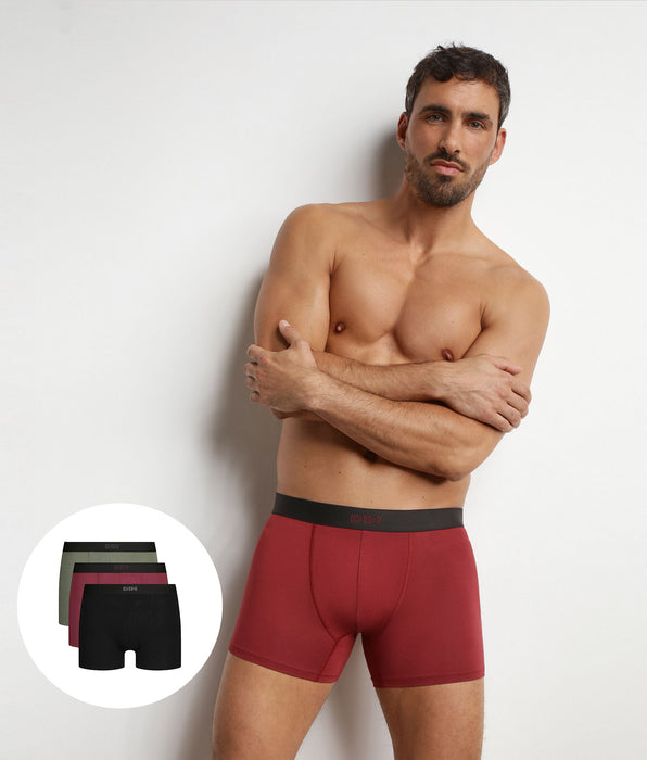 DIM Pacco da 3 boxer da uomo in cotone Nero Kaki Rosso Pur Confort