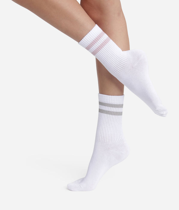 DIM Pacco da 2 paia di calzini in cotone a coste bianco e lurex rosa grigio Dim Mode