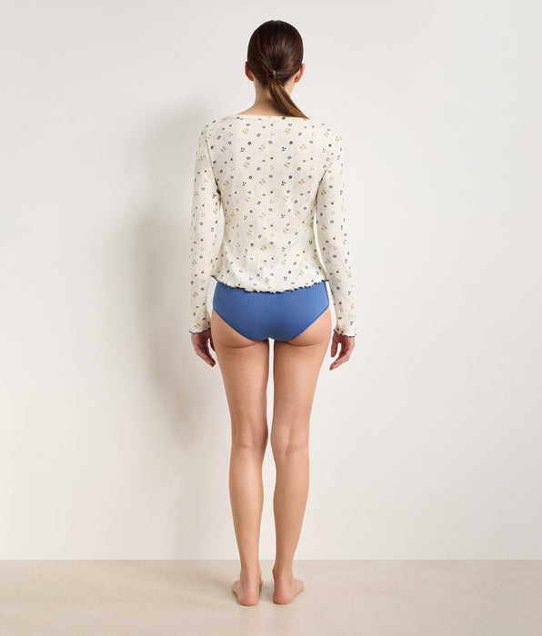 DIM Top in cotone a coste écru con stampa floreale, maniche lunghe e scollo a barca Slow Days Fresh Vibes